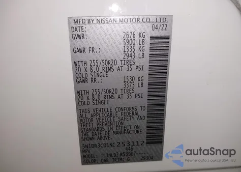 2022 Nissan Pathfinder Sl 4Wd из США, поврежденный, VIN 5N1DR3CD1NC253112